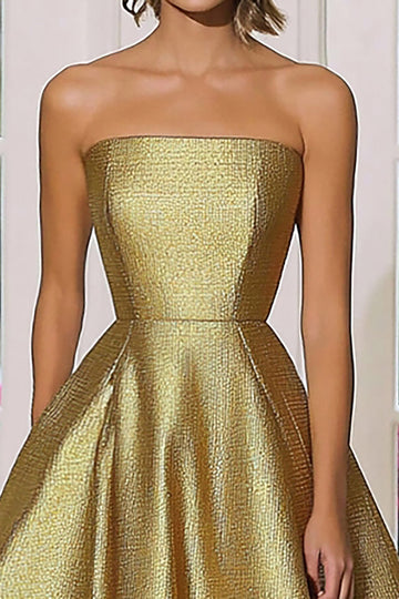 Chic Metallic Gold Satin A Line Robe de Gala Sans Bretelles